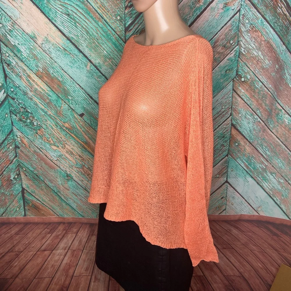 Eileen Fisher Orange Sherbet Sheer Linen Blend Open Weave Sweater - Picture 6 of 8